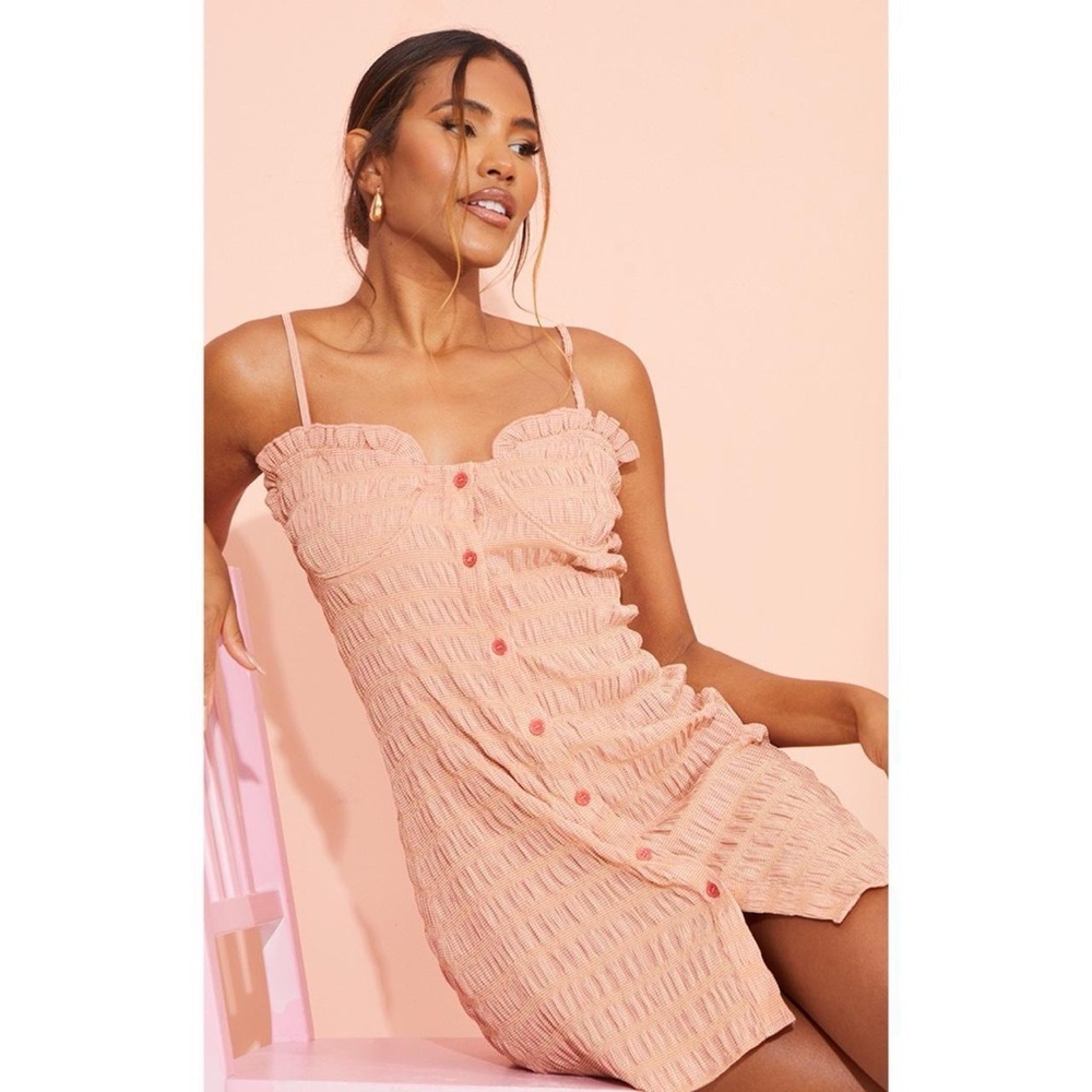 Chic Pink PrettyLittleThing Gingham Body Con Dress with Ruffle Detail - Picture 1 of 8